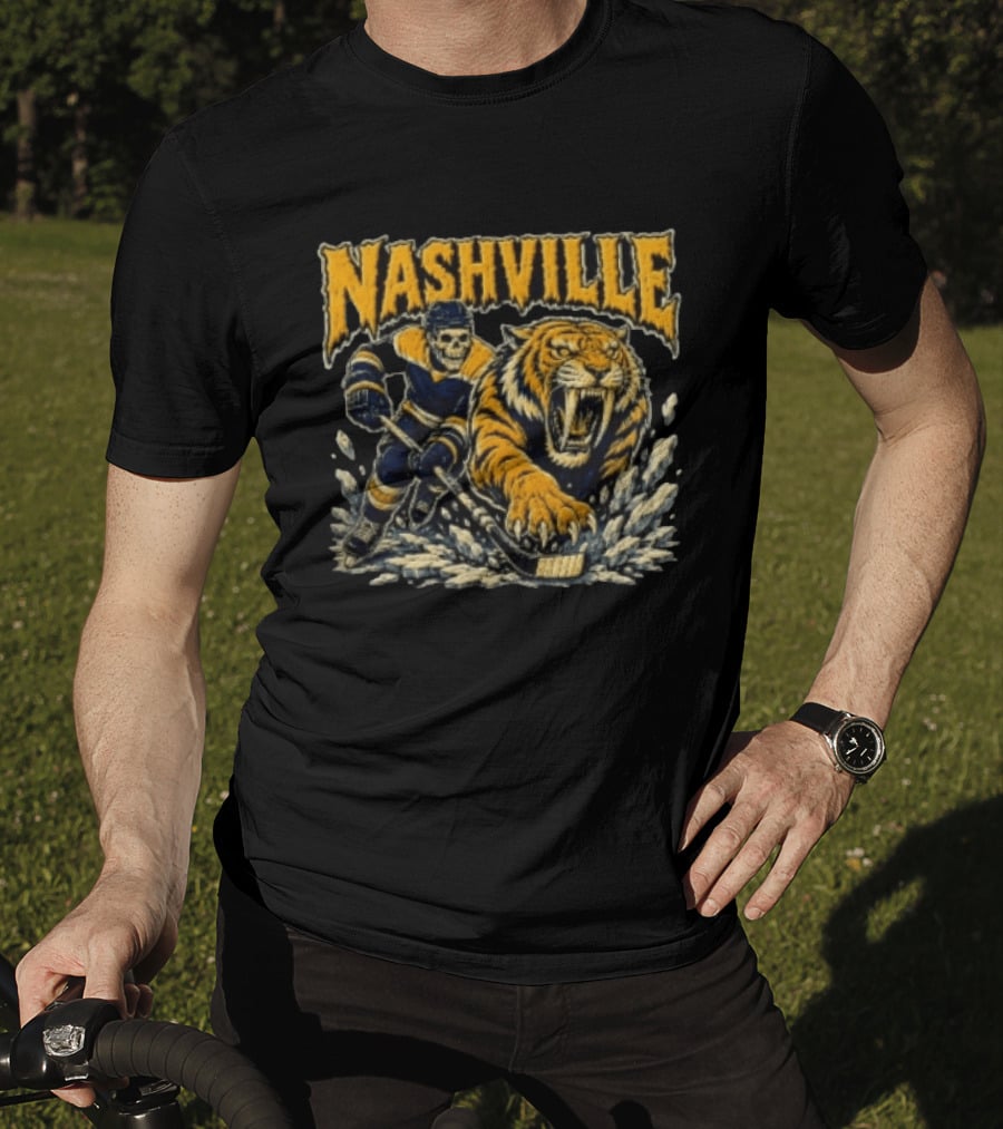 Nashville Hockey Skeleton Player With Fierce Tiger T-Shirt