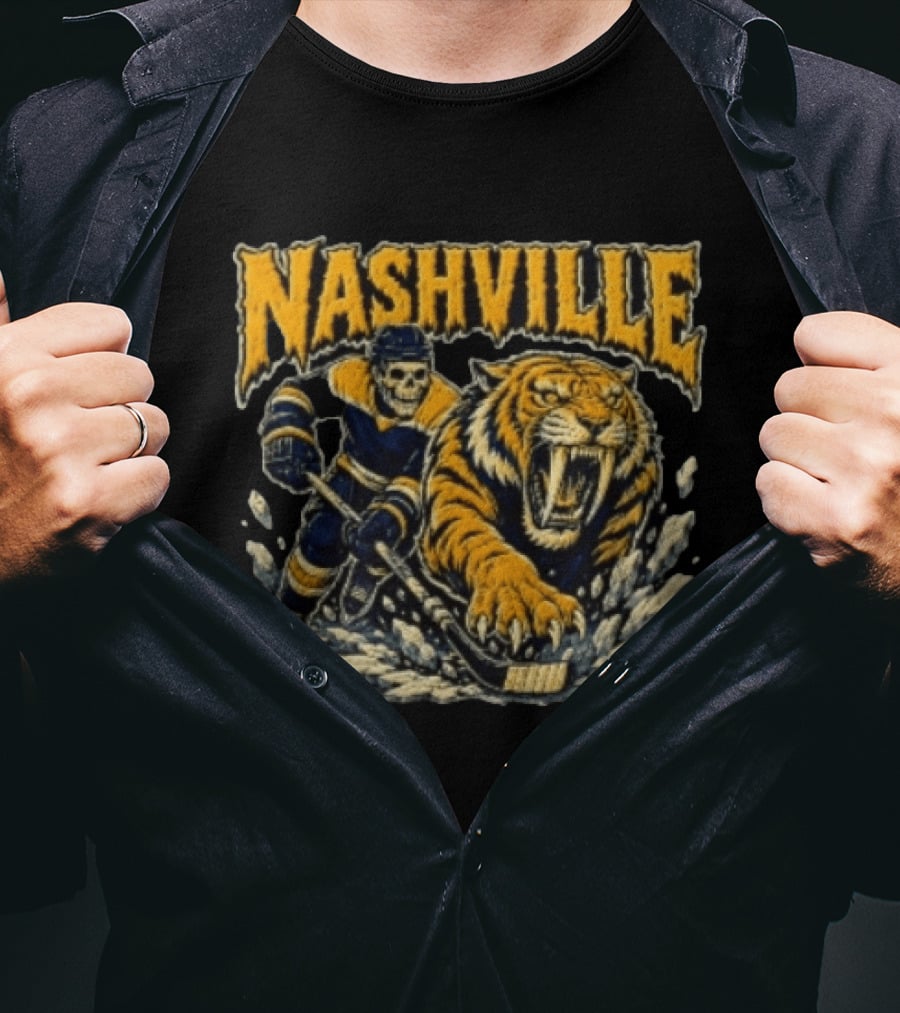 Nashville Hockey Skeleton Player With Fierce Tiger T-Shirt