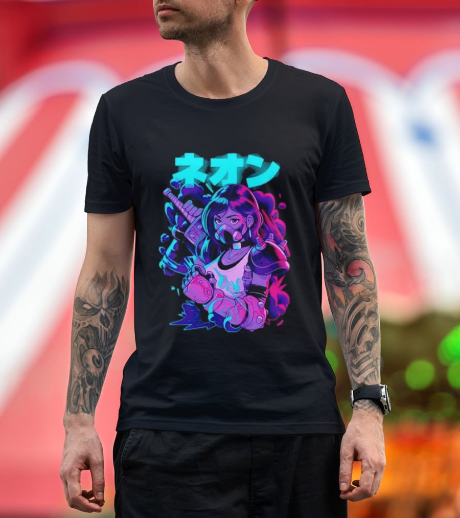 Neon Cyberpunk Anime Warrior Girl Futuristic Vaporwave Aesthetic T-Shirt