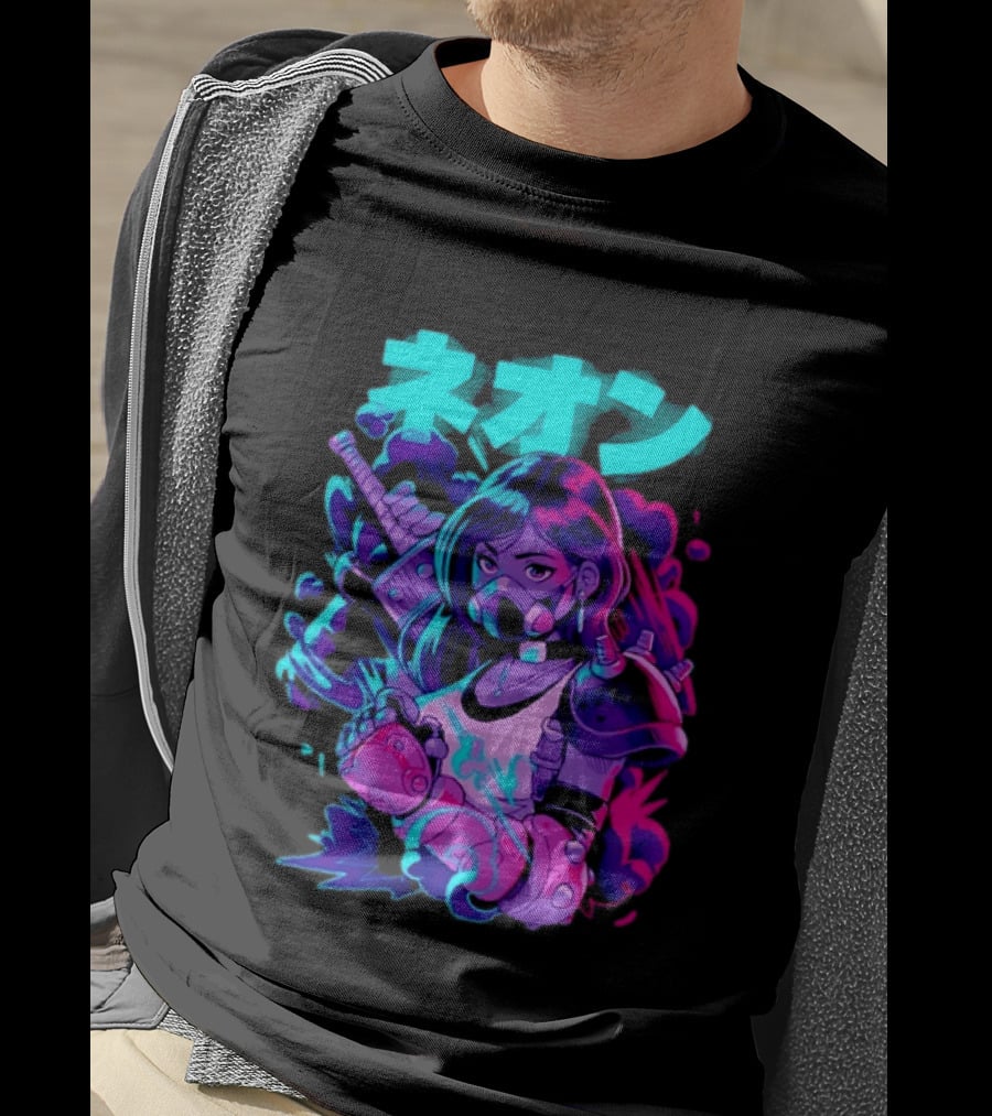 Neon Cyberpunk Anime Warrior Girl Futuristic Vaporwave Aesthetic T-Shirt