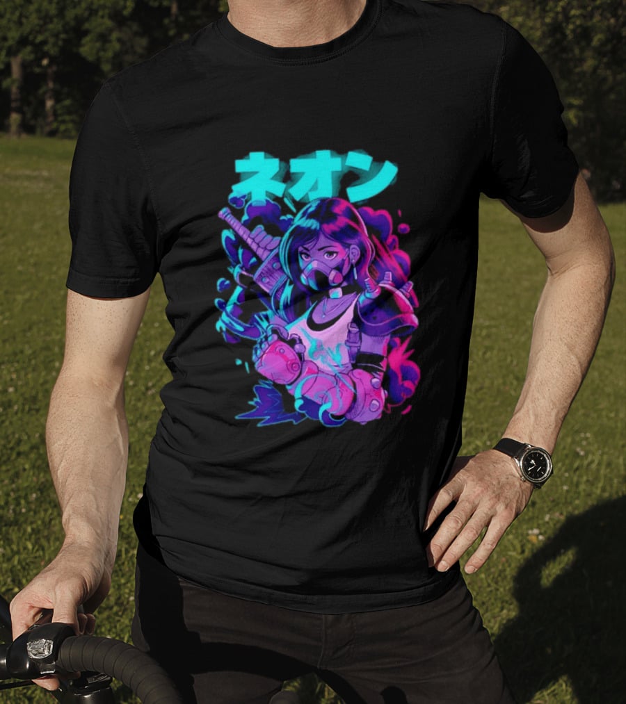 Neon Cyberpunk Anime Warrior Girl Futuristic Vaporwave Aesthetic T-Shirt
