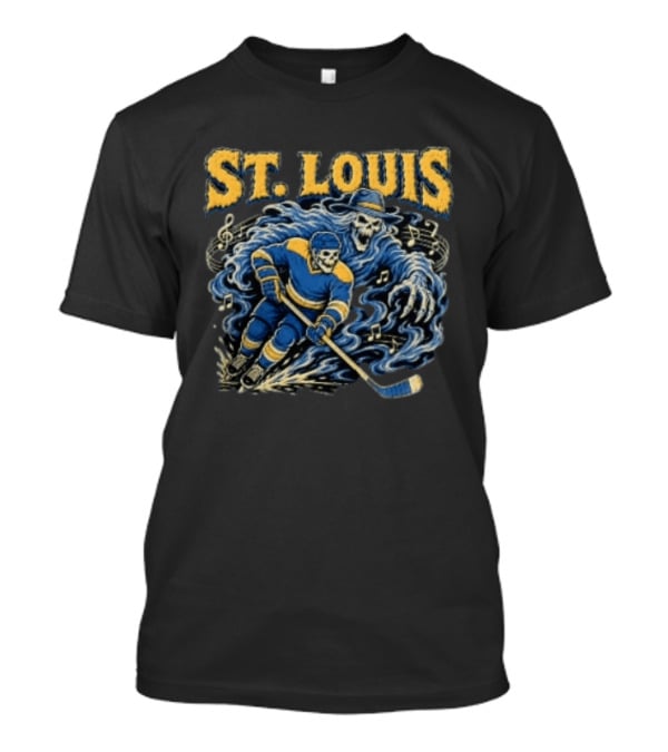 St. Louis Blues Hockey Skeleton Player With Music Notes And Ghostly Figure T-Shirt