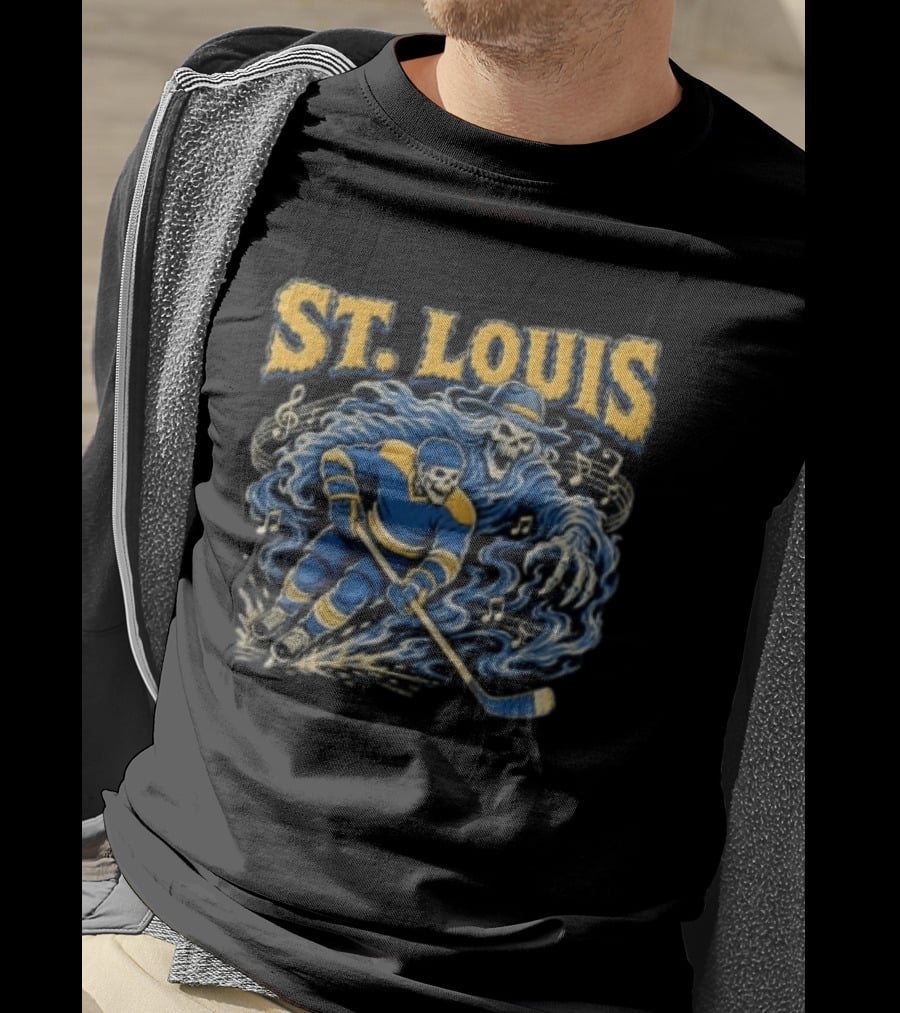 St. Louis Blues Hockey Skeleton Player With Music Notes And Ghostly Figure T-Shirt