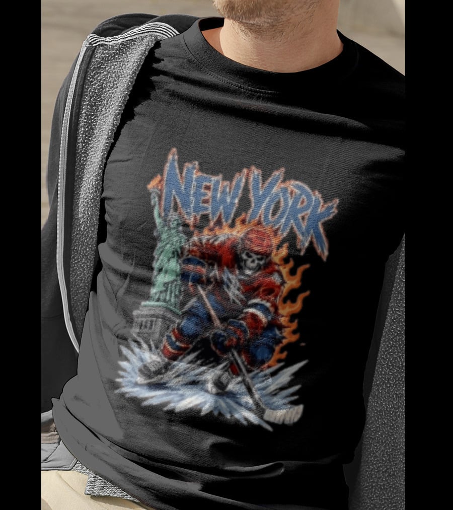 New York Rangers Skeleton Hockey Player Statue Of Liberty Flames T-Shirt