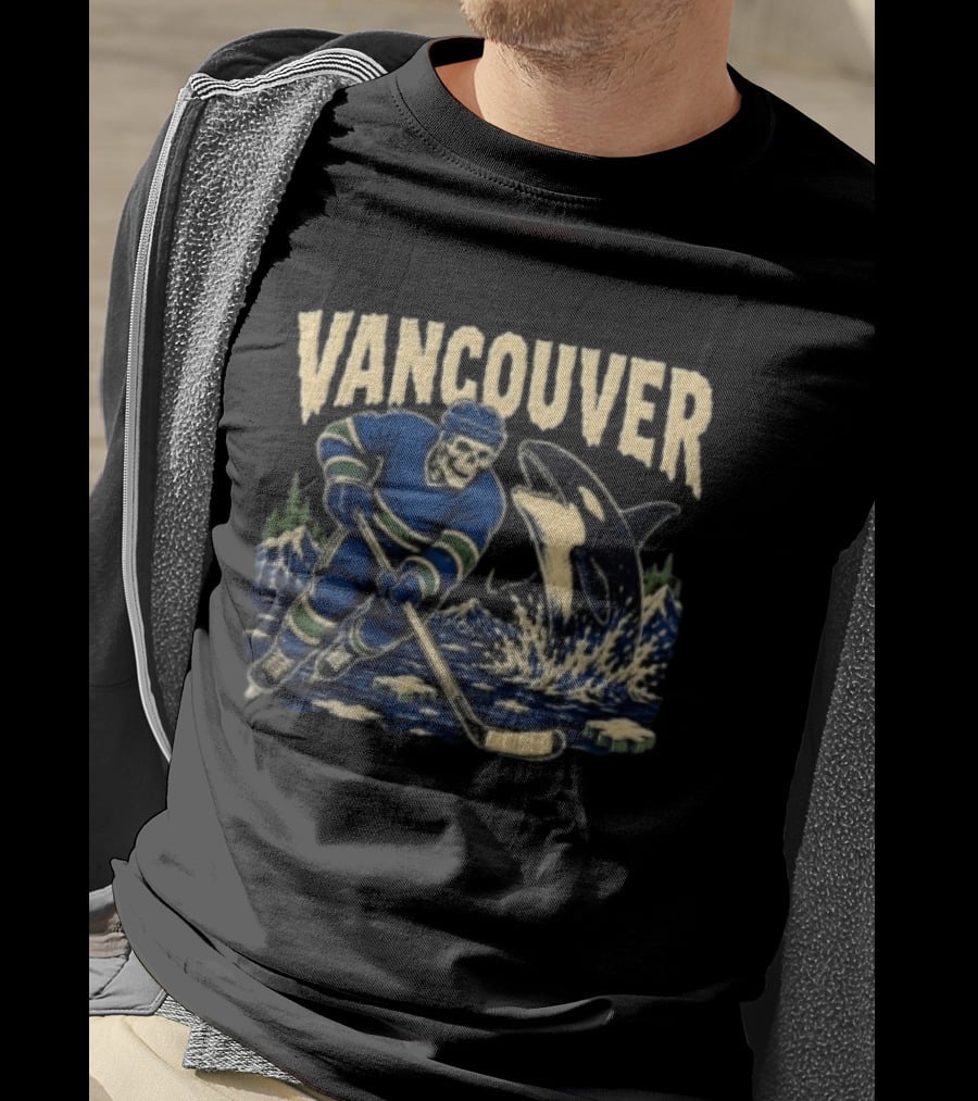Vancouver Canucks Hockey Skeleton Player With Orca T-Shirt