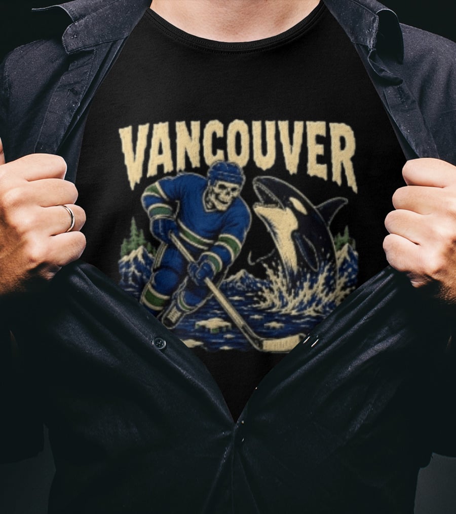 Vancouver Canucks Hockey Skeleton Player With Orca T-Shirt