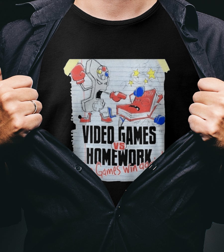 Video Games Vs Homework Video Games Win Again Math Battle Sketch T-Shirt