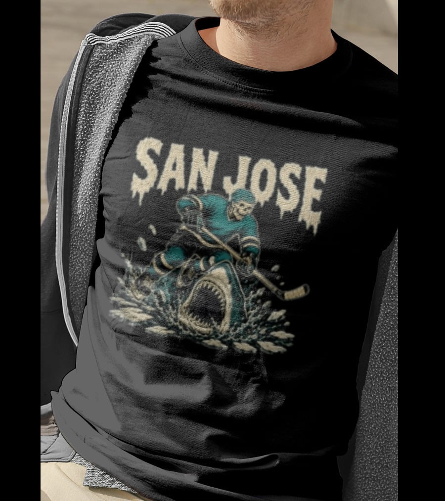 San Jose Sharks Skeleton Hockey Player Riding Shark T-Shirt