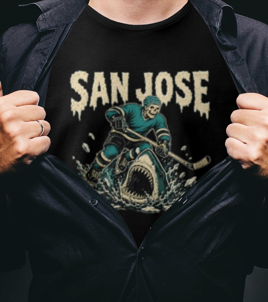 San Jose Sharks Skeleton Hockey Player Riding Shark T-Shirt