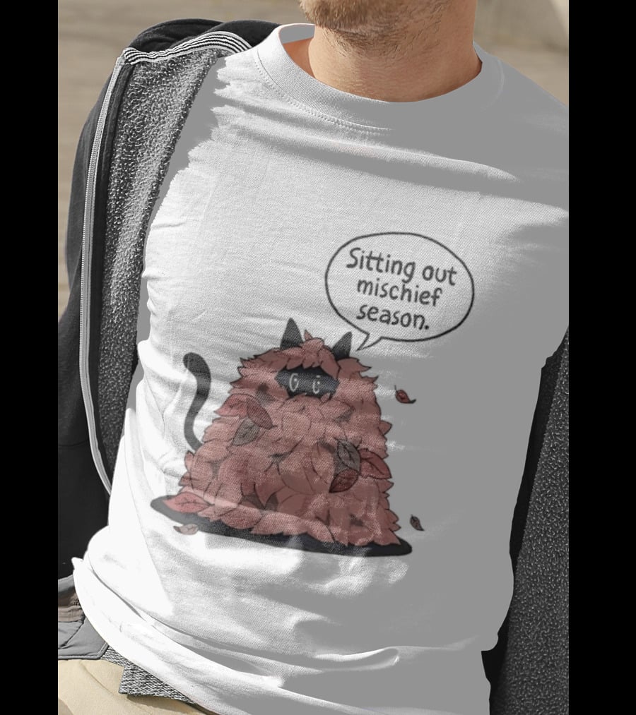 Sitting Out Mischief Season Cat Autumn Leaves T-Shirt