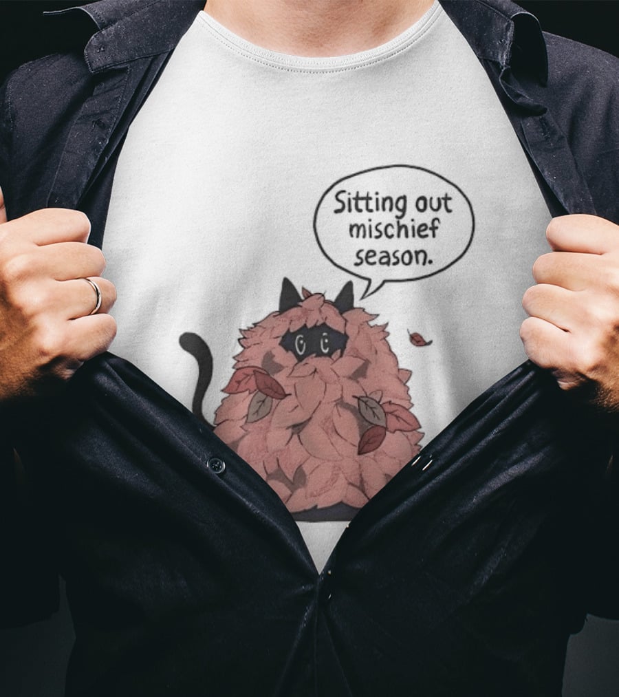 Sitting Out Mischief Season Cat Autumn Leaves T-Shirt