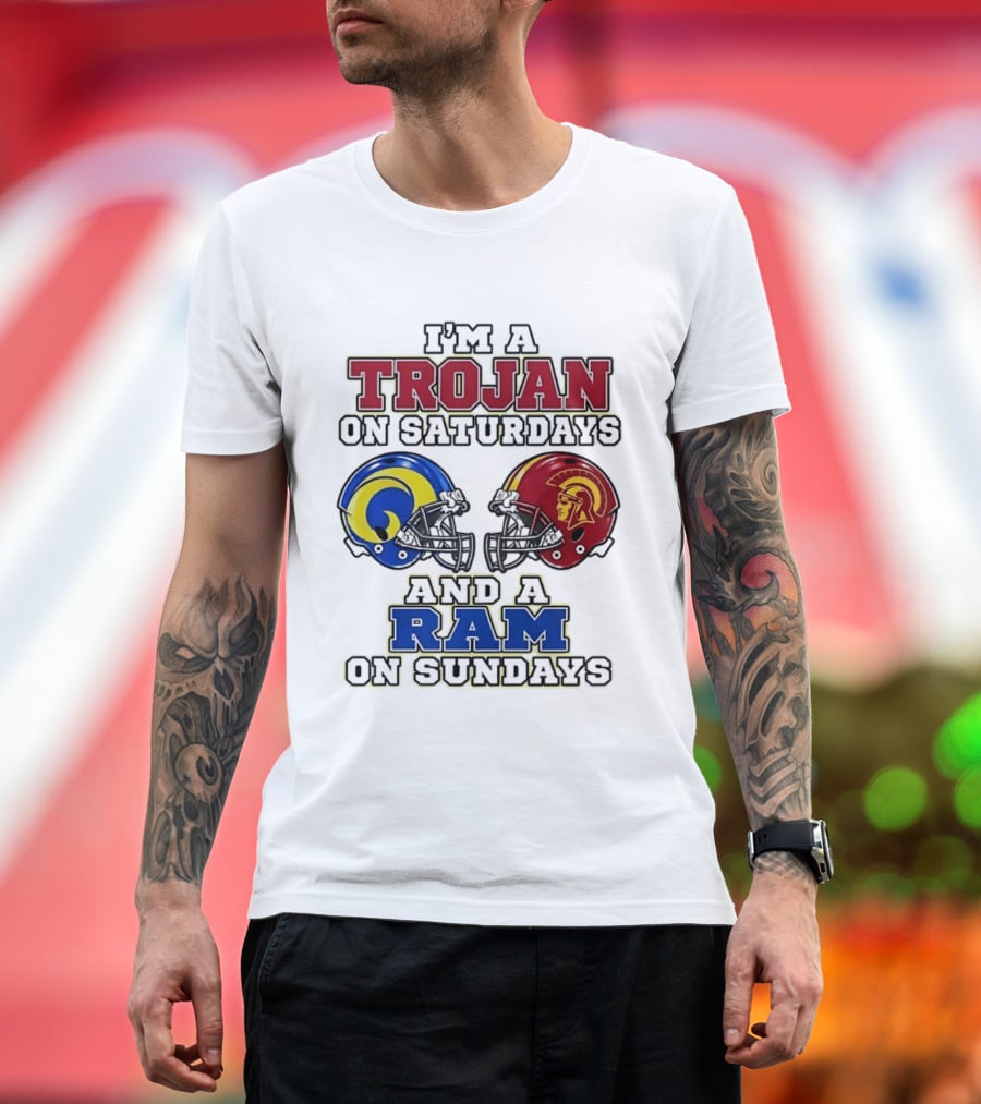 Trojan On Saturdays USC And Ram On Sundays Football Fan Helmet T-Shirt