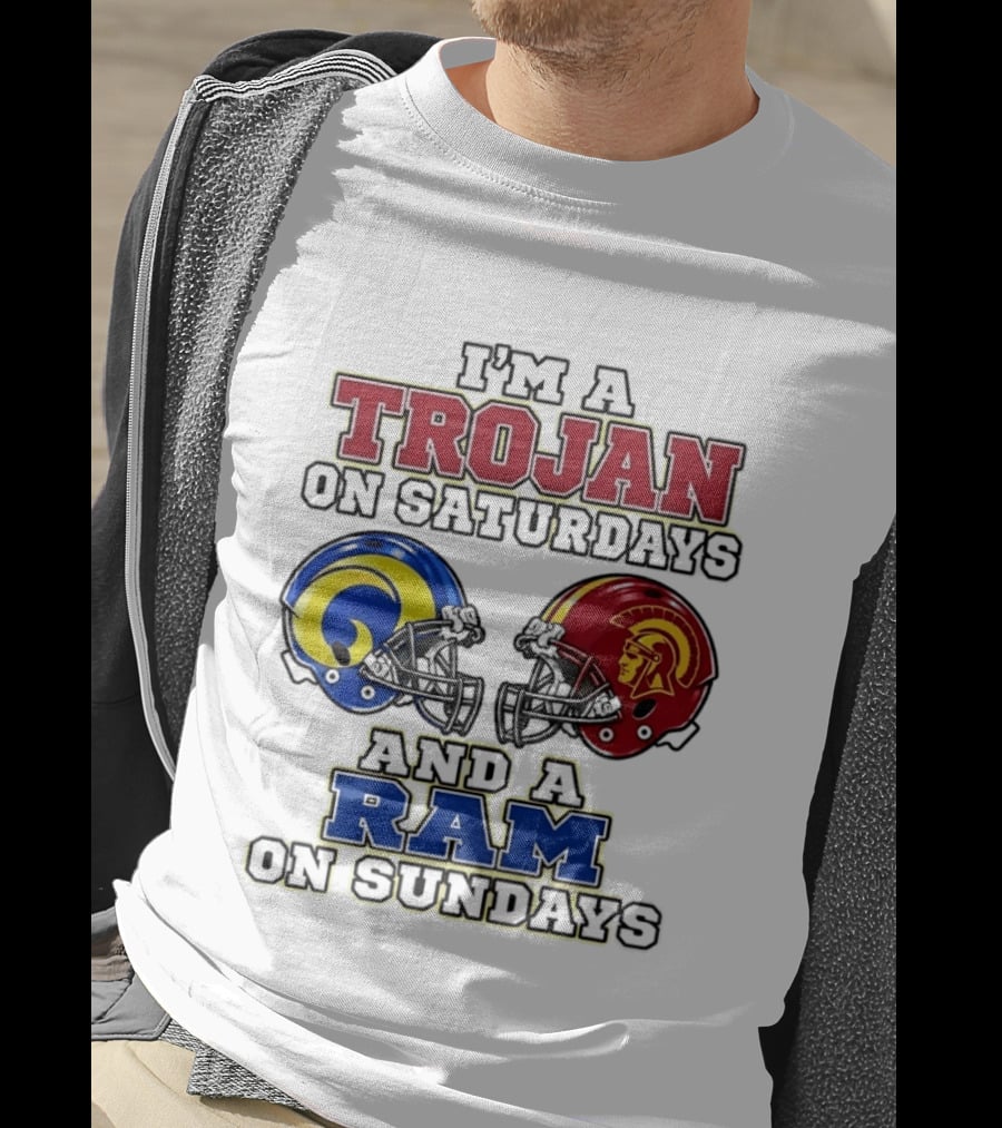 Trojan On Saturdays USC And Ram On Sundays Football Fan Helmet T-Shirt