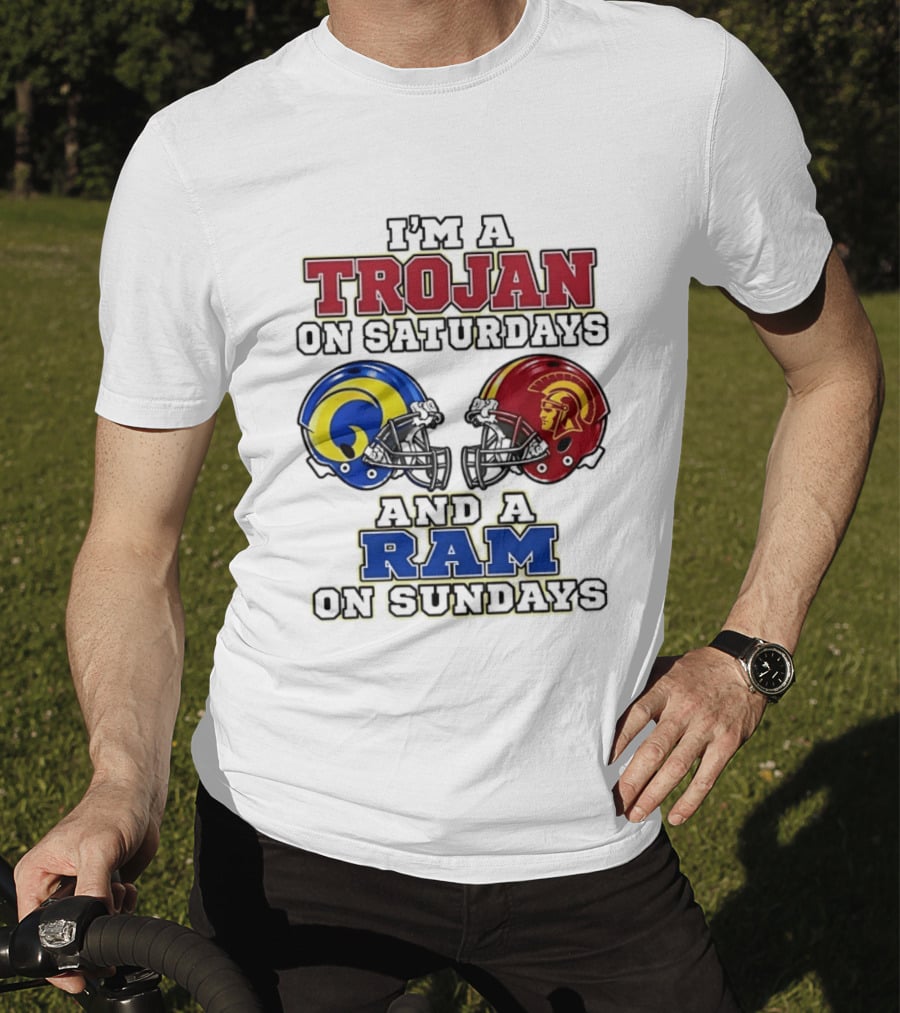 Trojan On Saturdays USC And Ram On Sundays Football Fan Helmet T-Shirt