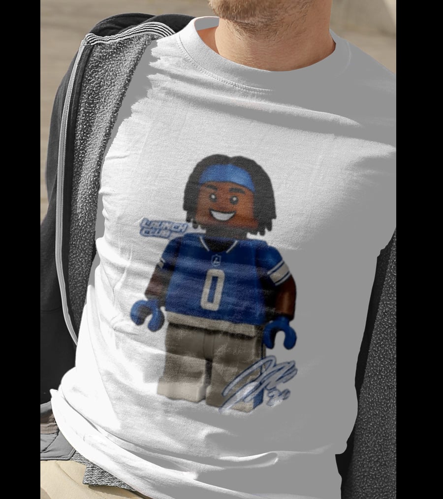 Detroit Lions Jahmyr Gibbs Lego Minifigure Launch Club Football Player T-Shirt