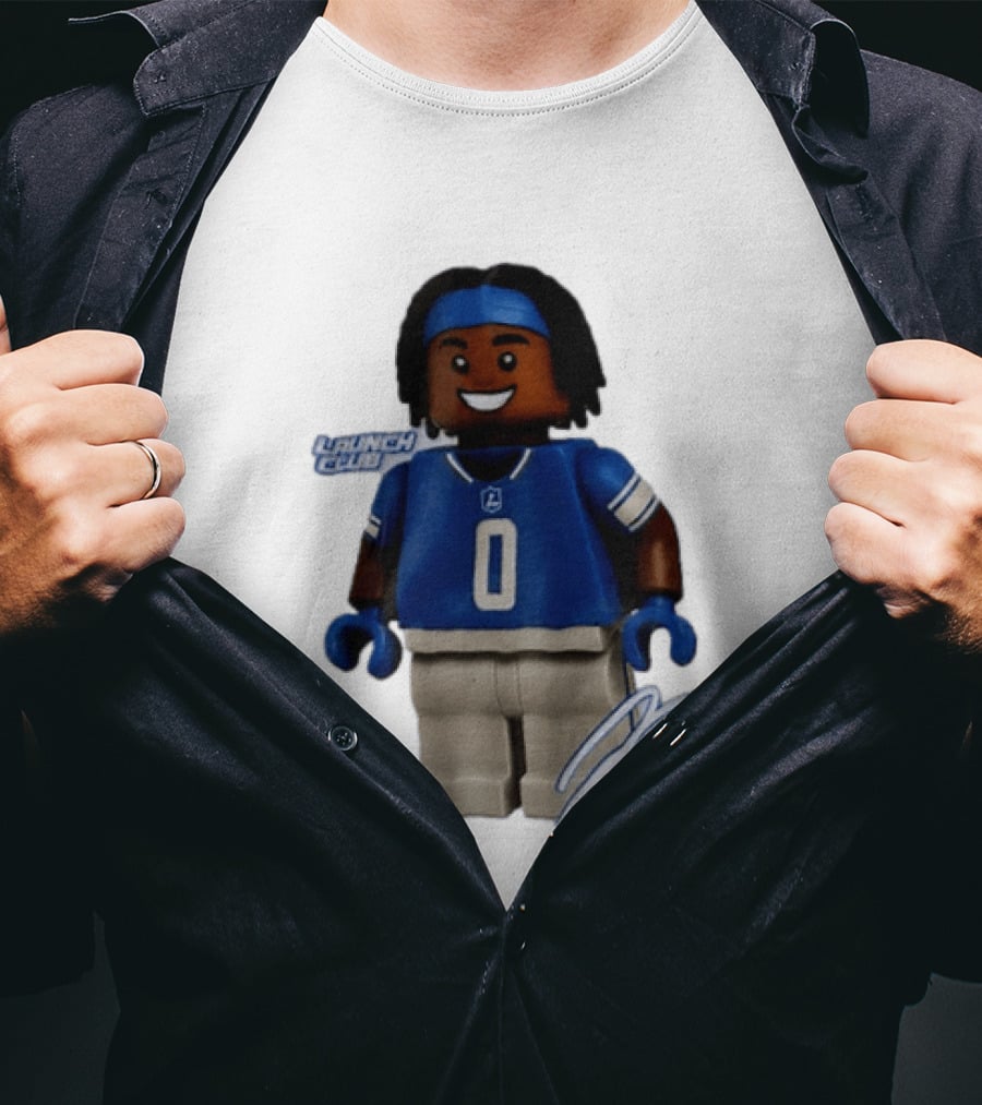 Detroit Lions Jahmyr Gibbs Lego Minifigure Launch Club Football Player T-Shirt