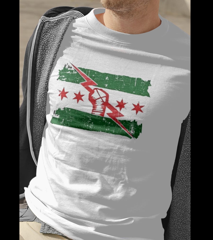 Chicago Flag Symbol Red Fist Lightning Bolt Green Distressed T-Shirt