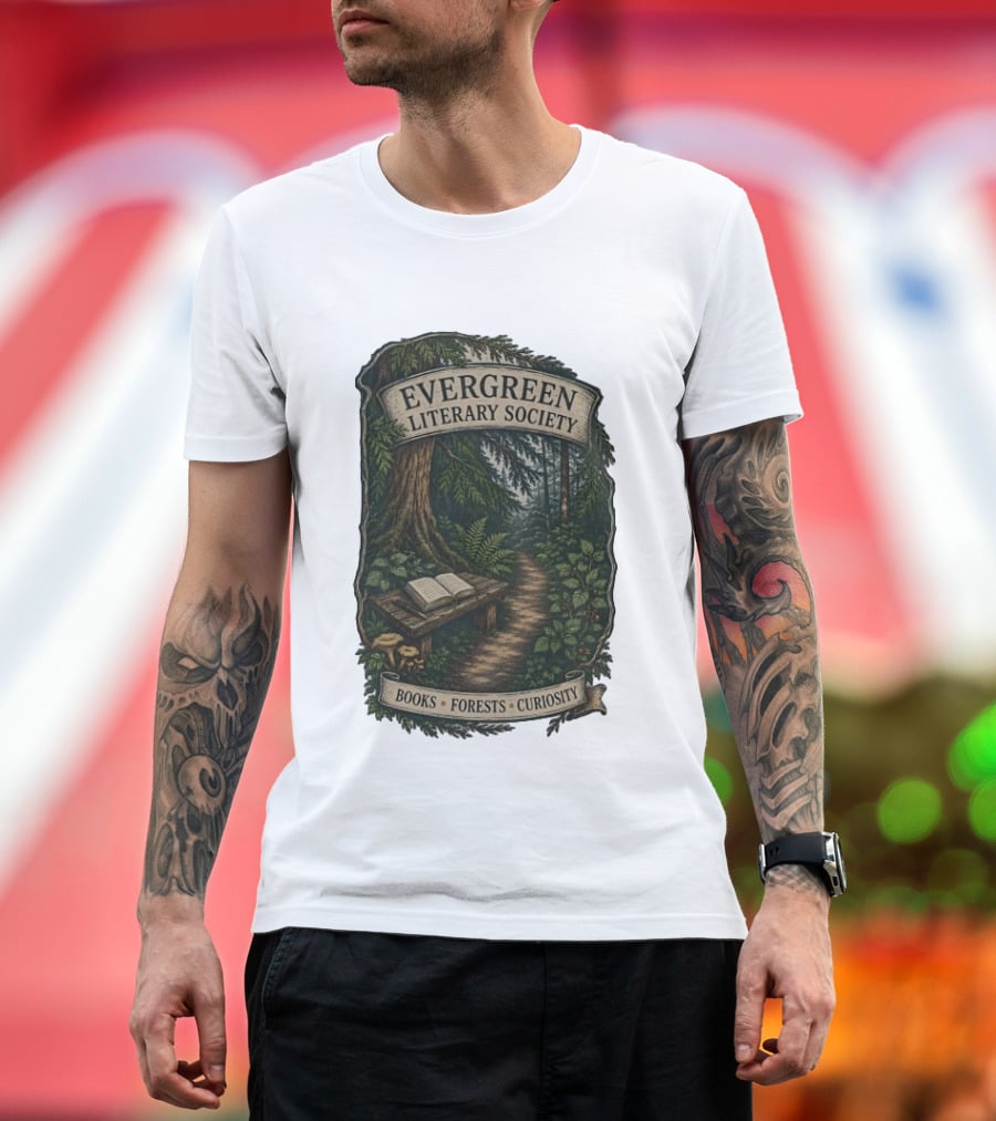 Evergreen Literary Society Books Forests Curiosity Pathway Through Trees T-Shirt