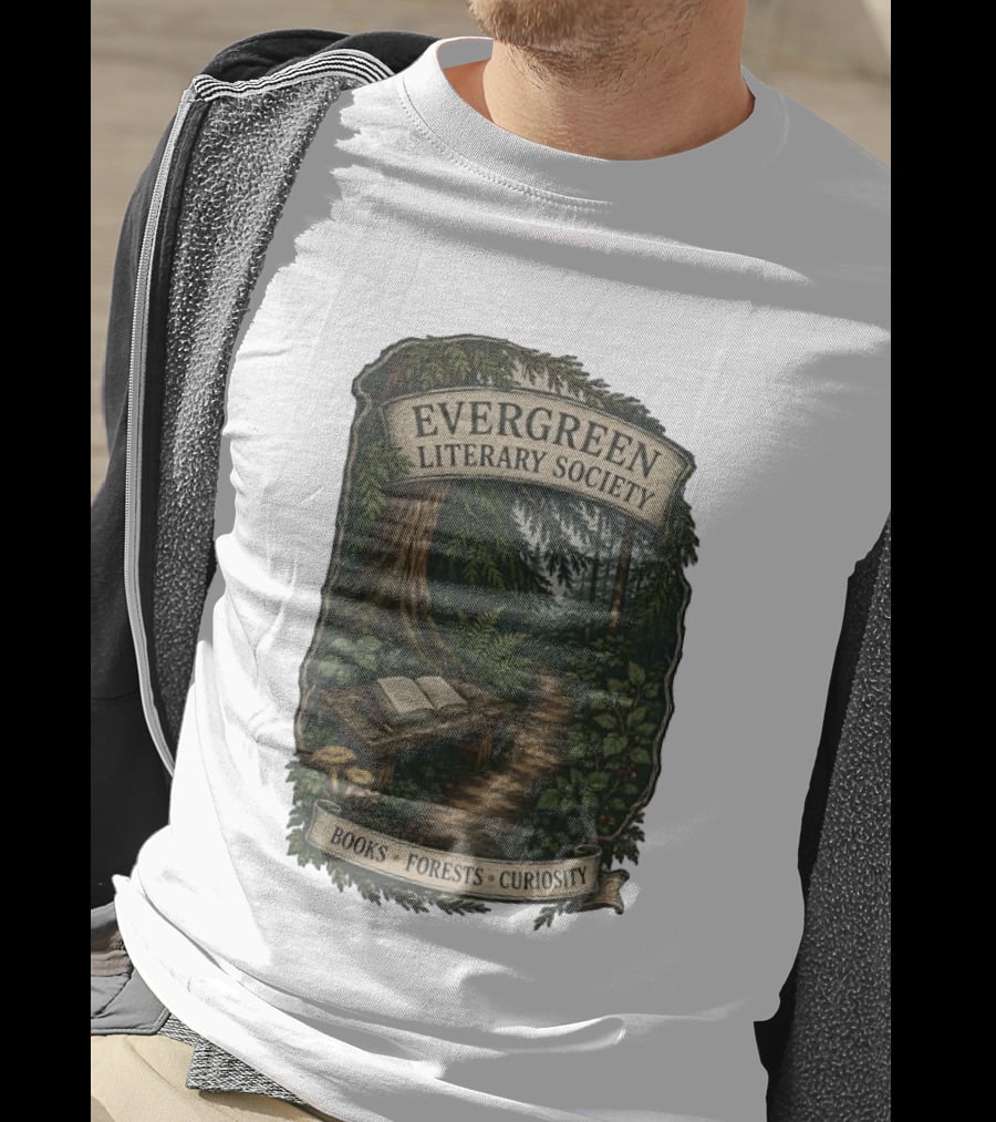 Evergreen Literary Society Books Forests Curiosity Pathway Through Trees T-Shirt