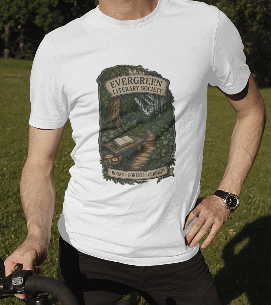 Evergreen Literary Society Books Forests Curiosity Pathway Through Trees T-Shirt