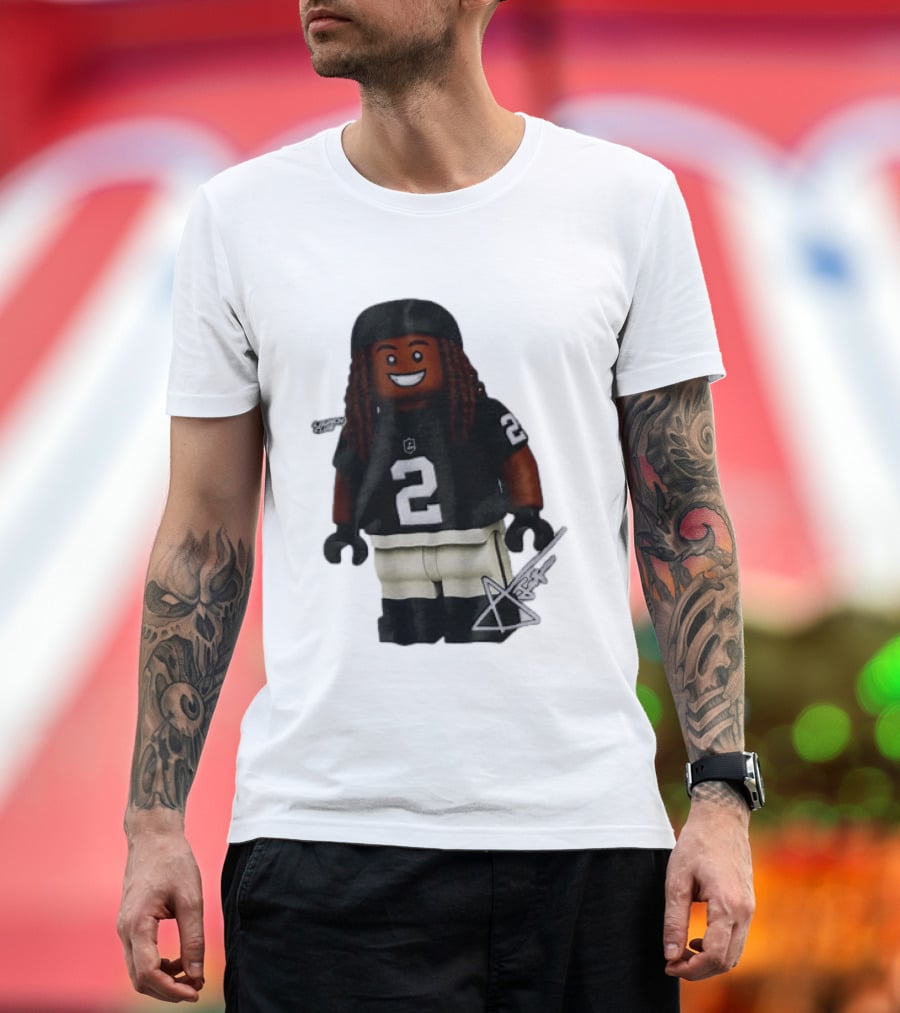 Las Vegas Raiders Running Back Ashton Jeanty 2 Lego Minifigure With Football Helmet T-Shirt