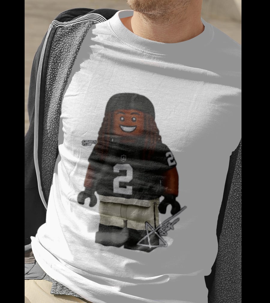 Las Vegas Raiders Running Back Ashton Jeanty 2 Lego Minifigure With Football Helmet T-Shirt
