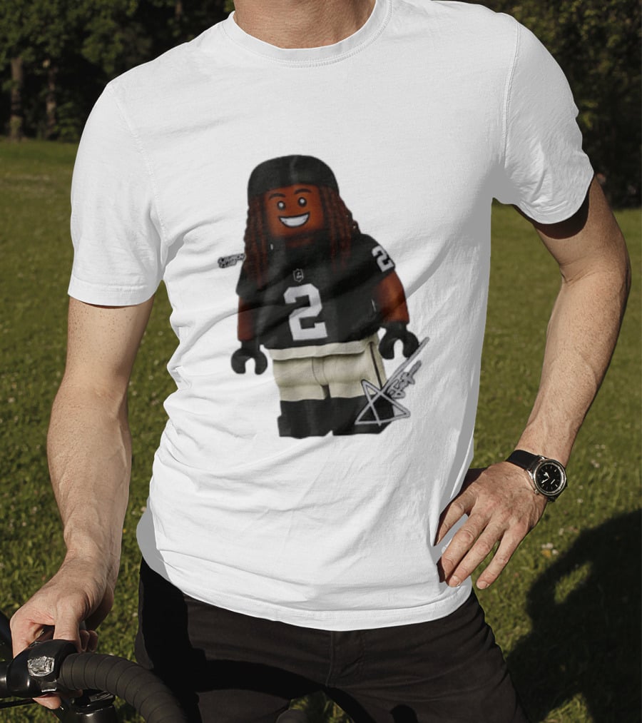 Las Vegas Raiders Running Back Ashton Jeanty 2 Lego Minifigure With Football Helmet T-Shirt