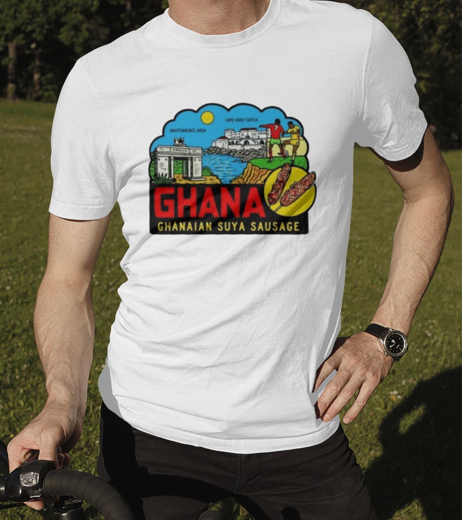 Ghana Cape Coast Castle Independence Arch Ghanaian Suya Sausage Soccer Scene T-Shirt
