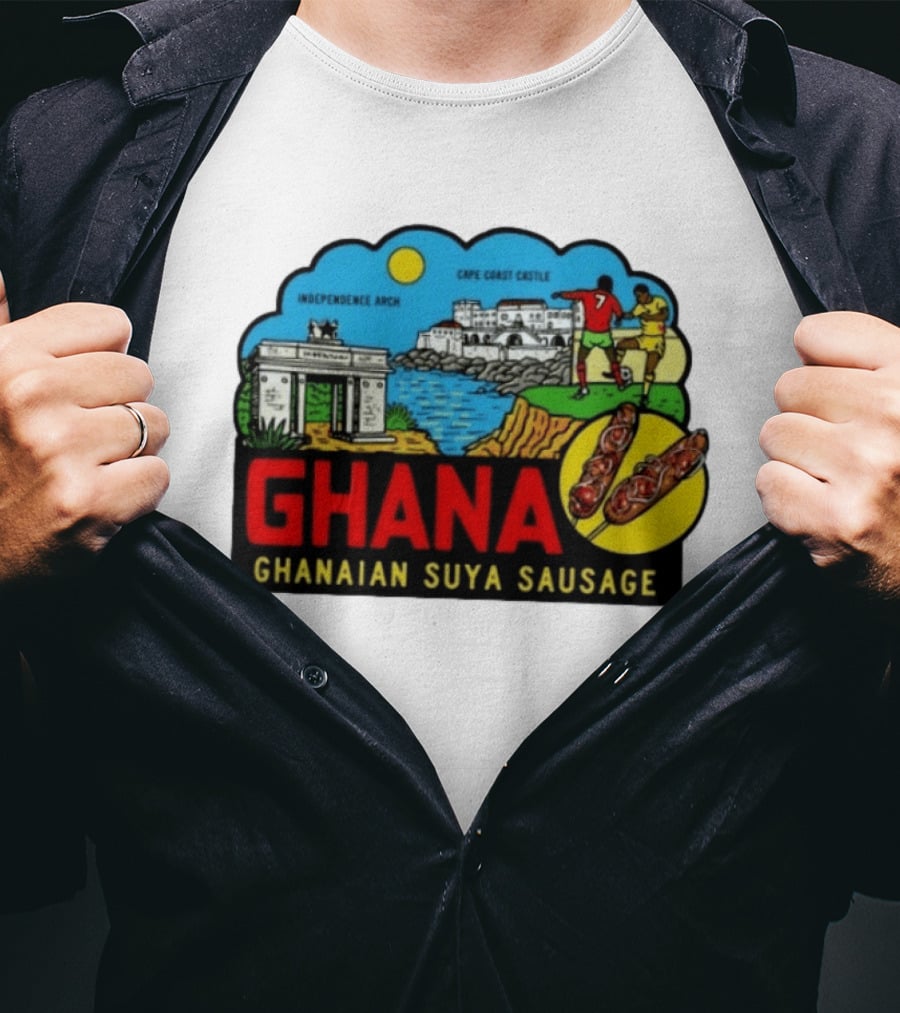Ghana Cape Coast Castle Independence Arch Ghanaian Suya Sausage Soccer Scene T-Shirt