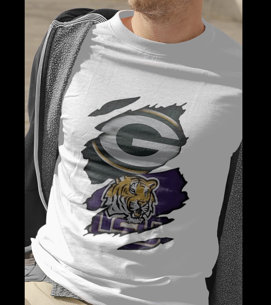 Green Bay Packers G Logo And LSU Tigers Purple And Gold Torn Fabric T-Shirt