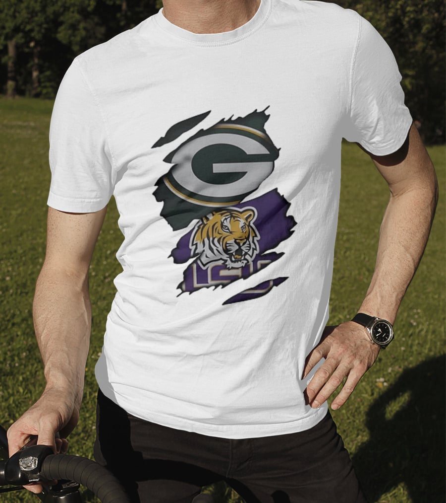 Green Bay Packers G Logo And LSU Tigers Purple And Gold Torn Fabric T-Shirt