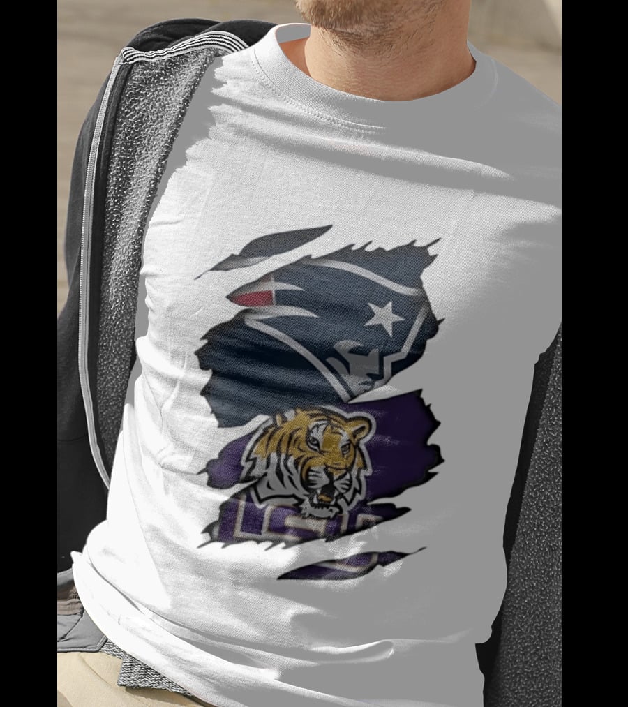 New England Patriots LSU Tigers Torn Fabric Tiger And Patriot Head Logos T-Shirt