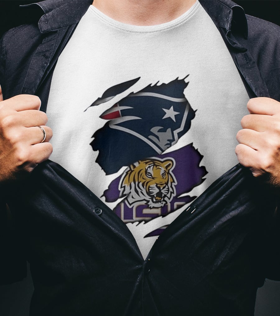 New England Patriots LSU Tigers Torn Fabric Tiger And Patriot Head Logos T-Shirt