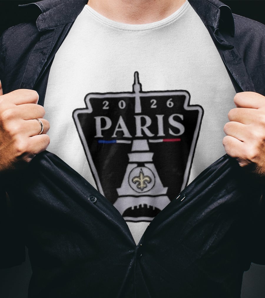 New Orleans Saints 2026 Paris Eiffel Tower Fleur De Lis NFL Event T-Shirt