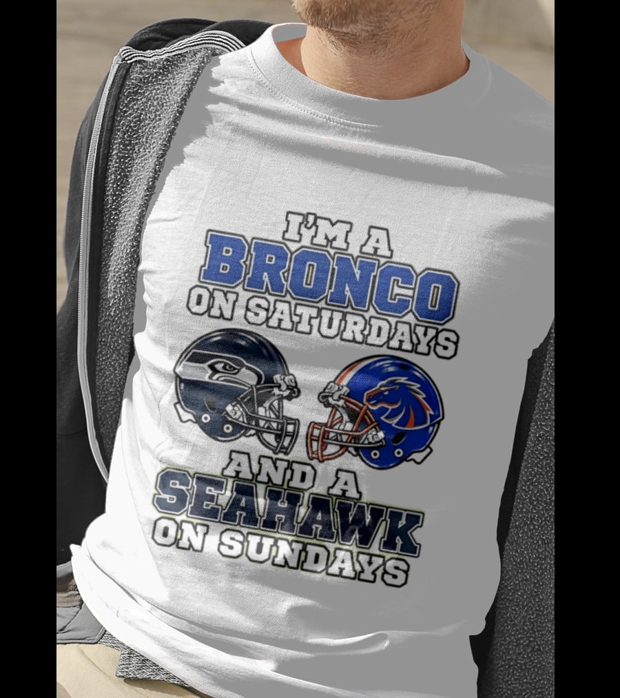 I'm A Bronco On Saturdays And A Seahawk On Sundays Football Helmets T-Shirt