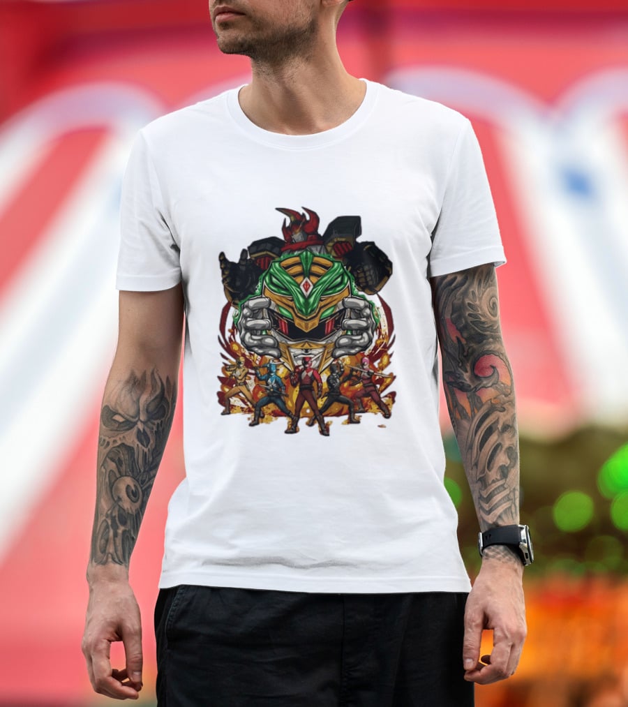 Mighty Morphin Power Rangers Green Ranger Dragonzord Helmet And Team Pose T-Shirt