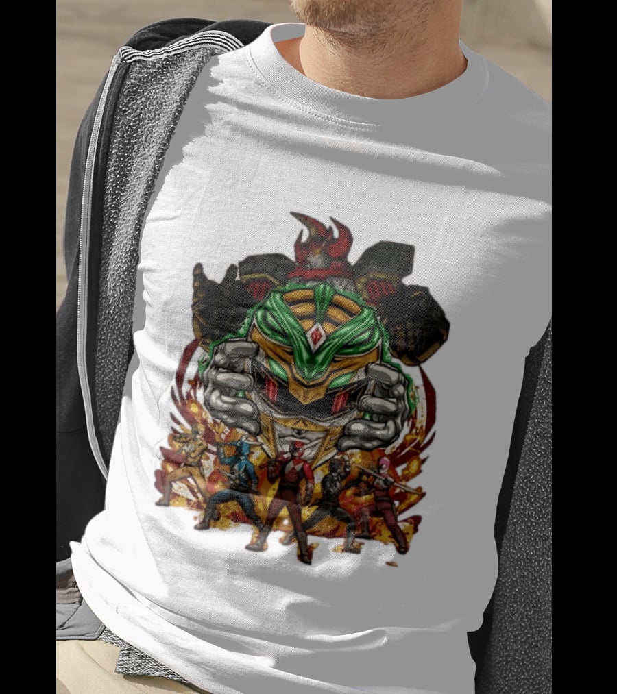 Mighty Morphin Power Rangers Green Ranger Dragonzord Helmet And Team Pose T-Shirt