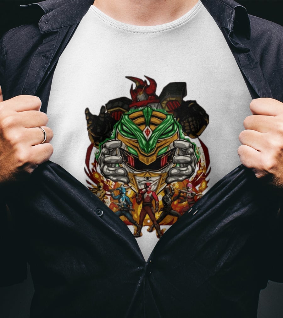 Mighty Morphin Power Rangers Green Ranger Dragonzord Helmet And Team Pose T-Shirt