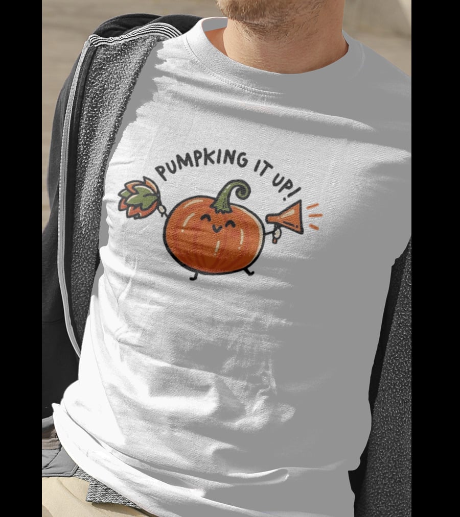 Pumpking It Up Pumpkin Cheerleader Cute Cartoon Holding Megaphone And Pom Pom T-Shirt