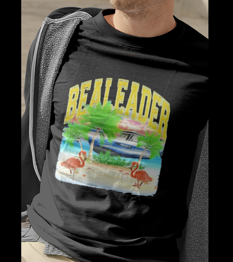 Bealeader Tropical Beach Scene With Palm Trees, Boat, And Flamingos T-Shirt