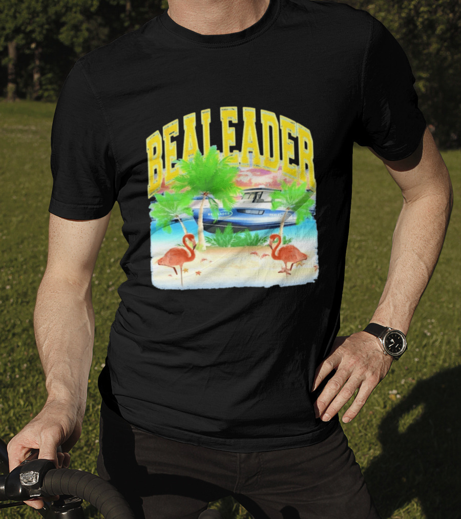 Bealeader Tropical Beach Scene With Palm Trees, Boat, And Flamingos T-Shirt
