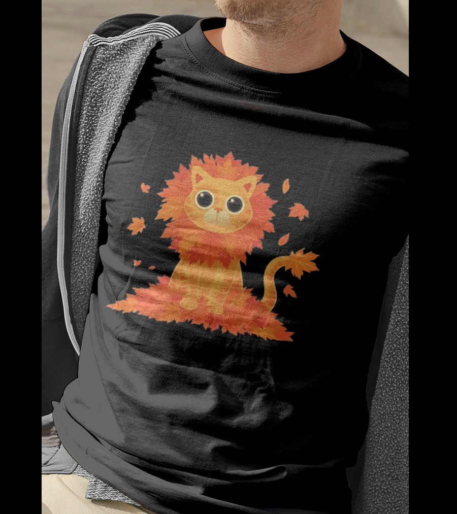 Cat With Autumn Leaves Mane Fall Lion Cozy Cute Kitty T-Shirt