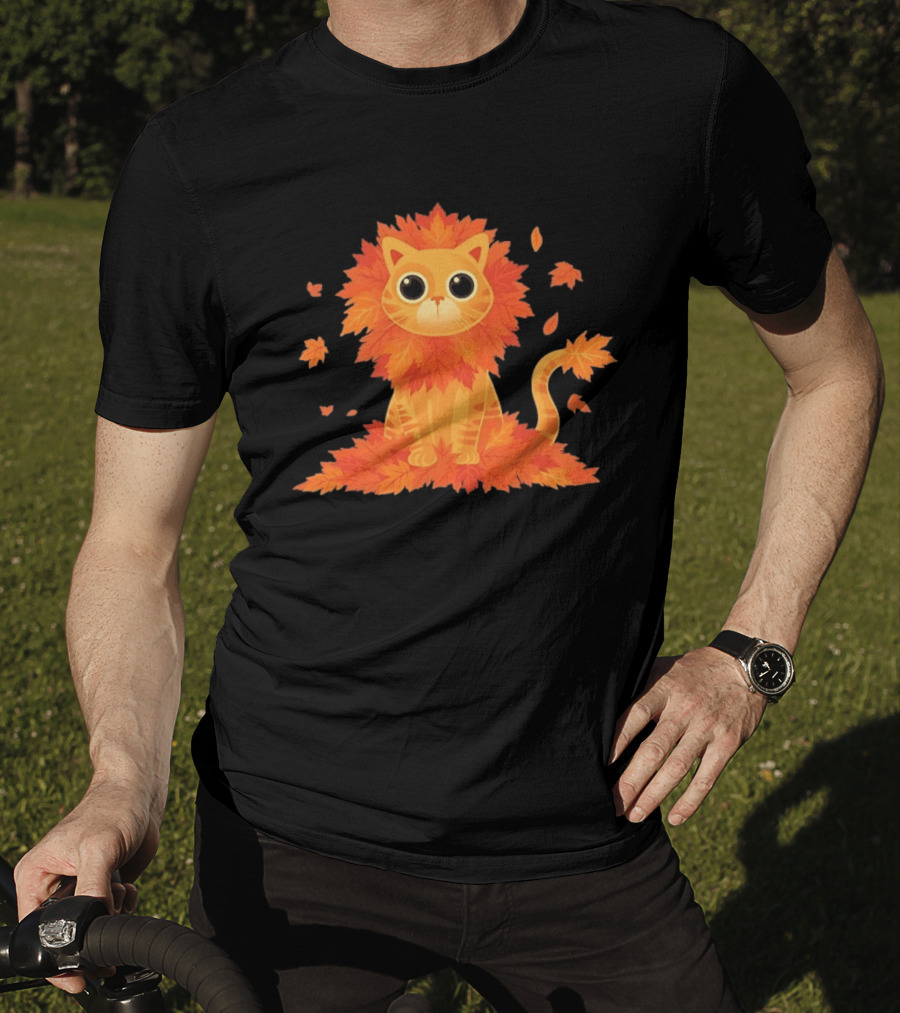 Cat With Autumn Leaves Mane Fall Lion Cozy Cute Kitty T-Shirt