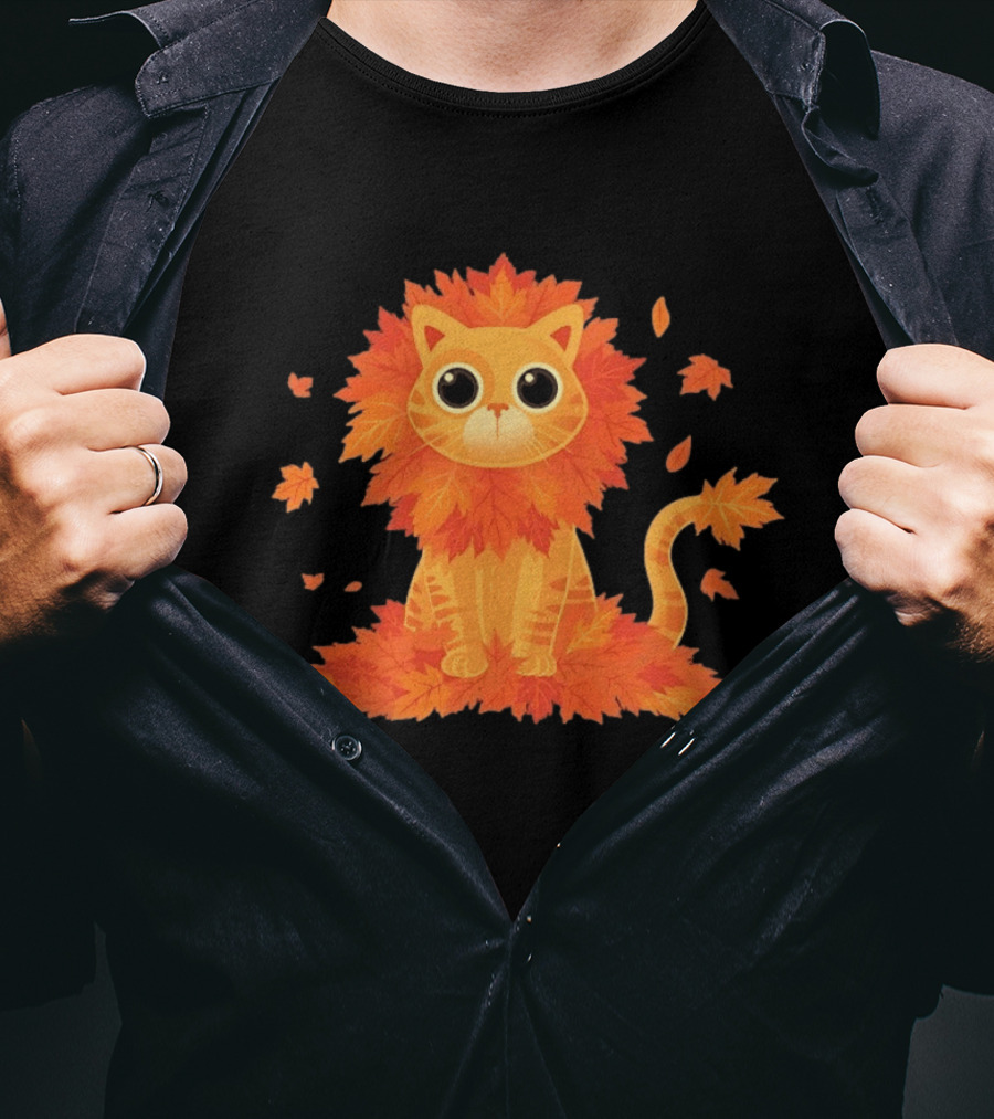 Cat With Autumn Leaves Mane Fall Lion Cozy Cute Kitty T-Shirt