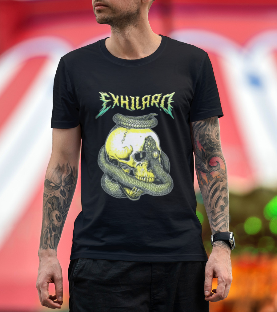 Exhilaro Venomous Serpent Coiled Around Yellow Human Skull T-Shirt