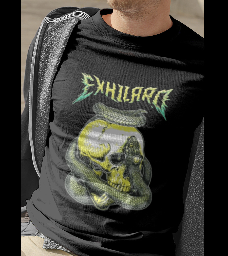 Exhilaro Venomous Serpent Coiled Around Yellow Human Skull T-Shirt