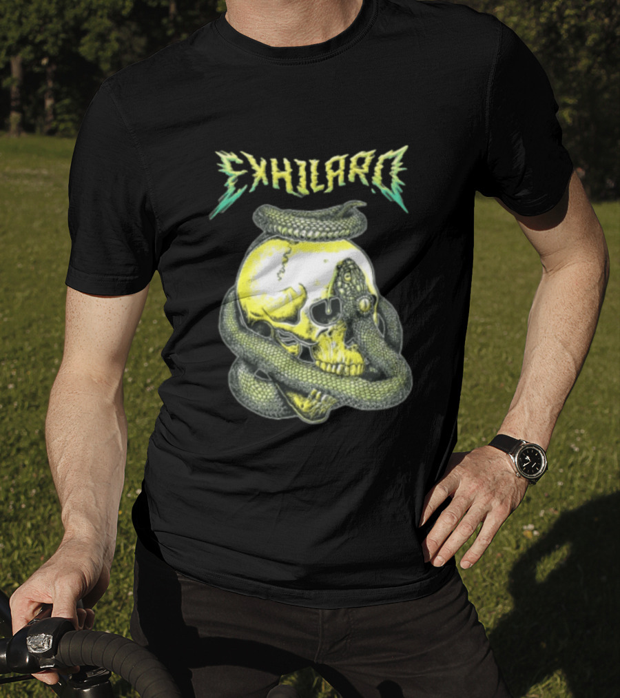 Exhilaro Venomous Serpent Coiled Around Yellow Human Skull T-Shirt