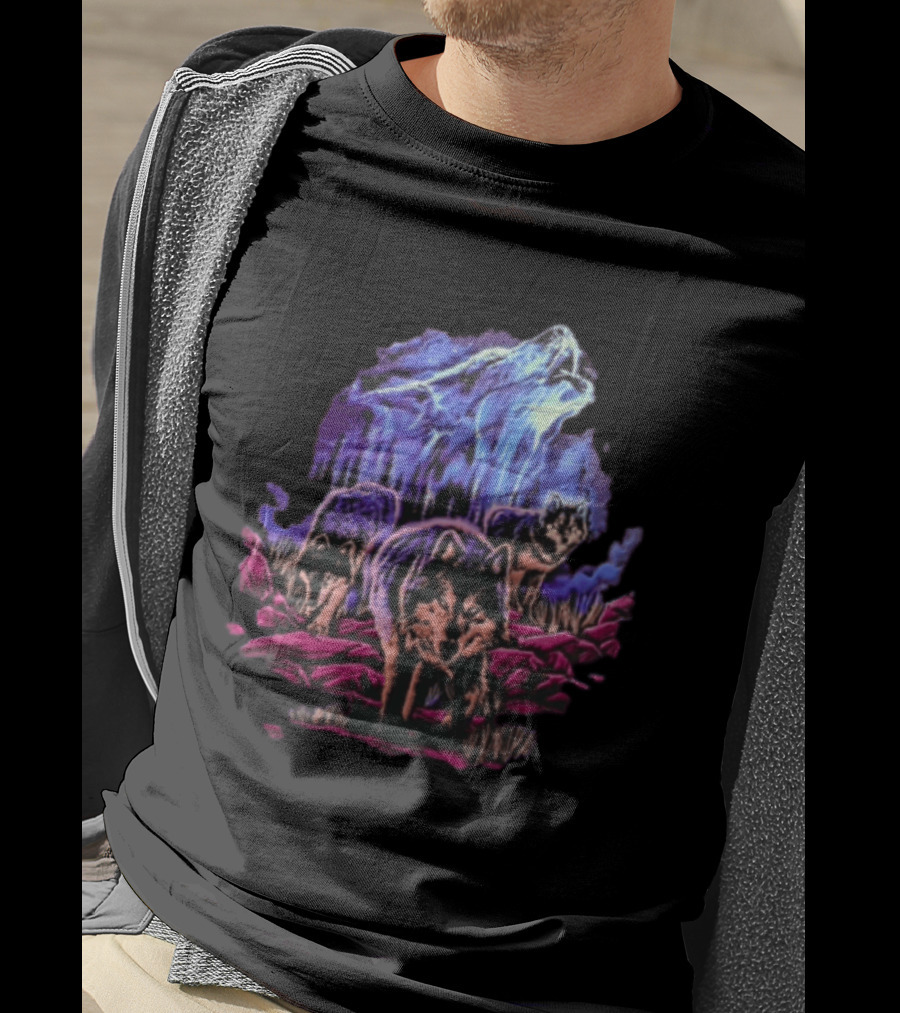 Odm San Diego 2000 Three Wolves Howling Celestial Northern Lights Woods T-Shirt