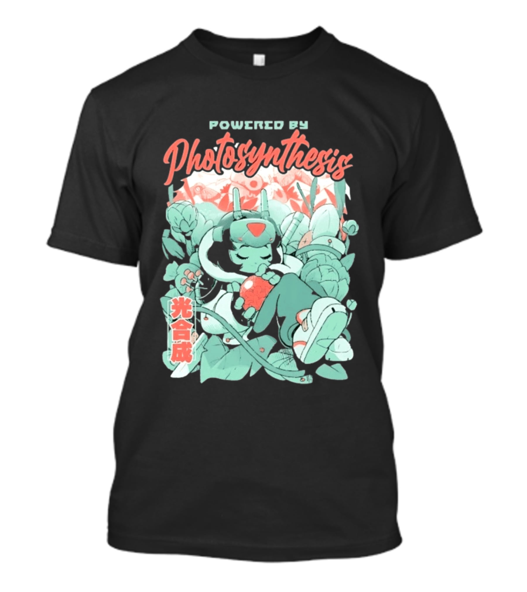 Powered By Photosynthesis Anime Kanji Characters And Cute Green Robot T-Shirt