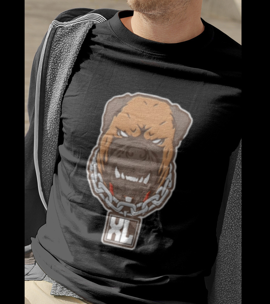 XL Angry Growling Dog Head Chain Collar Tag Cartoon Caricature T-Shirt